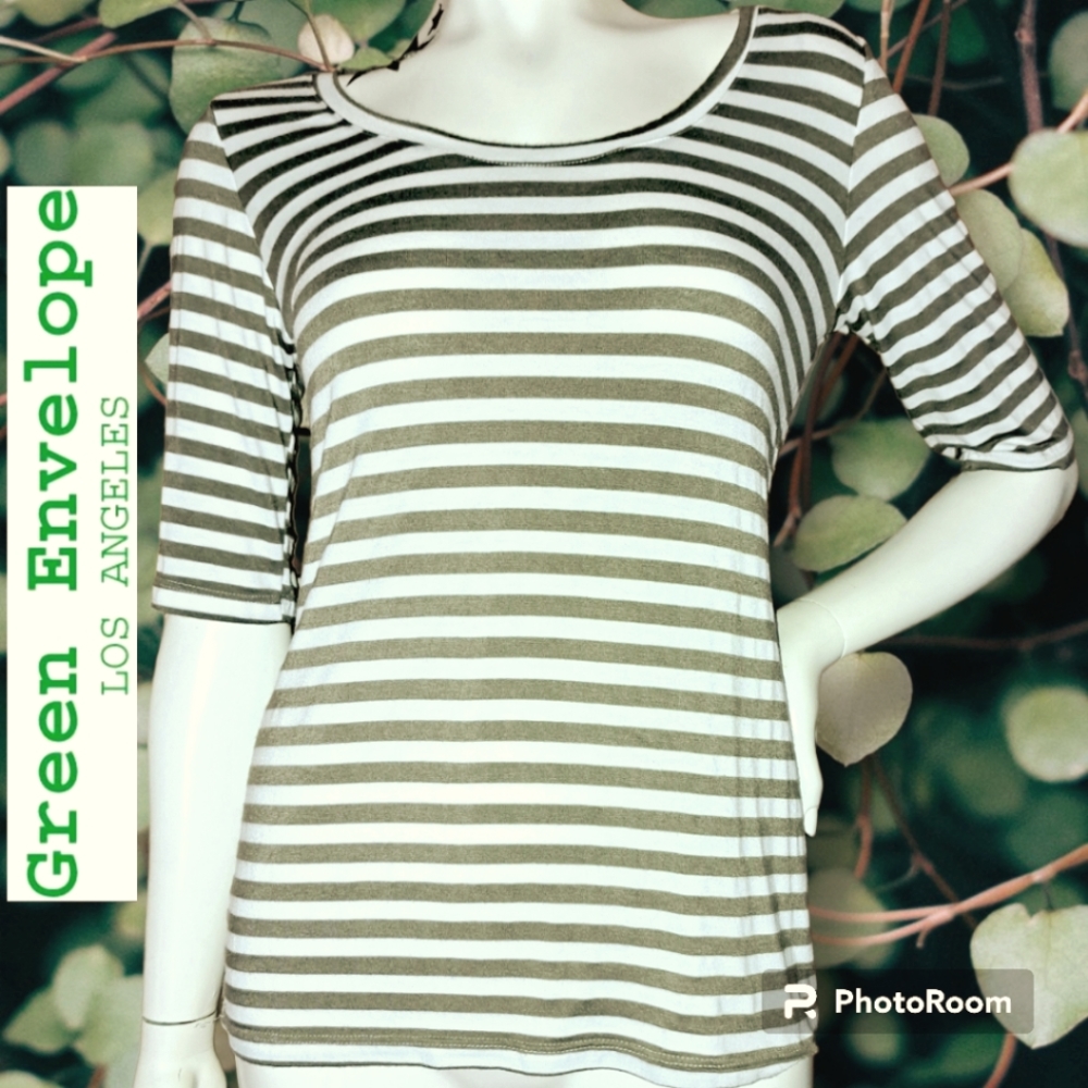 ANTHROPOLOGIE Brownish Striped Elbow Sleeve Zips Down Back Green Envelope Med